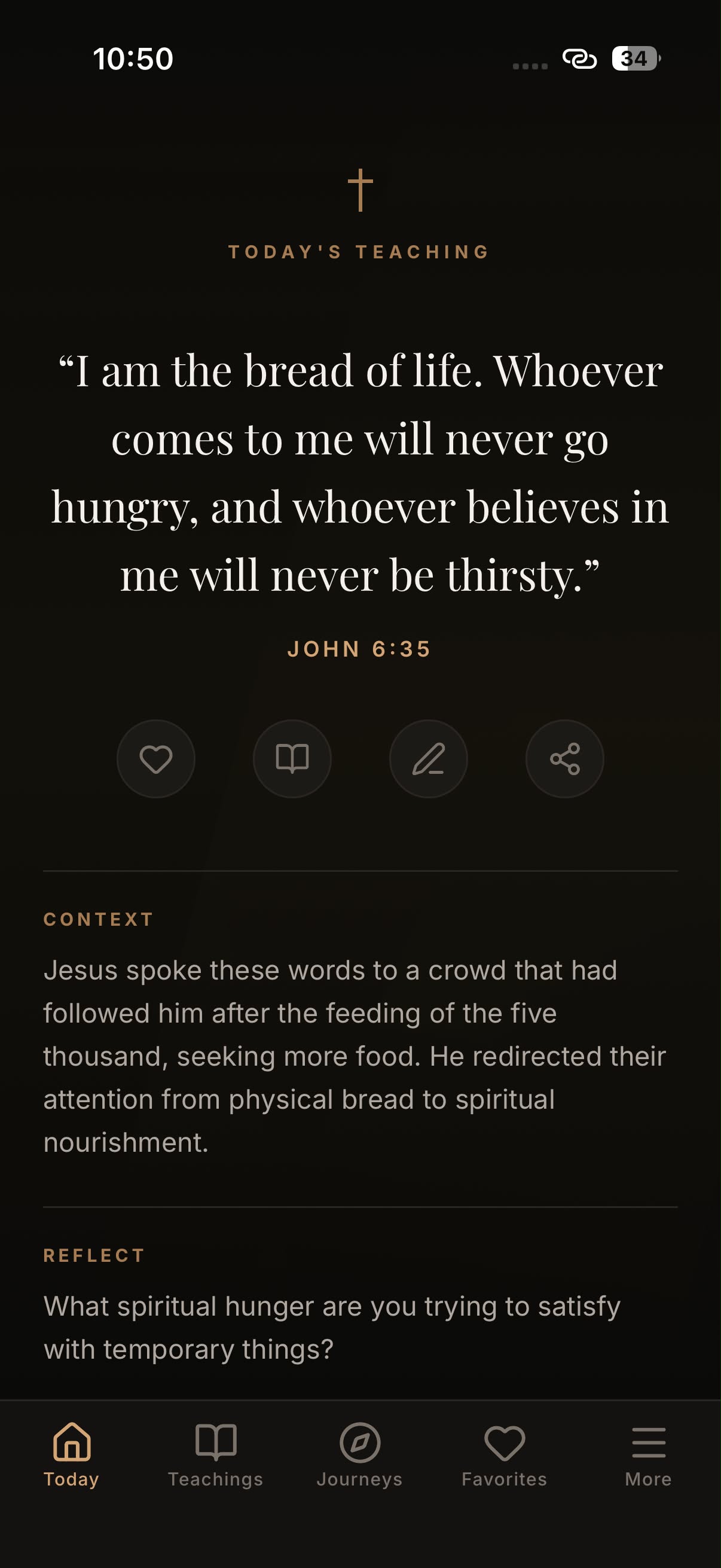 The app open on the daily teaching: a passage spoken by Jesus, with the moment around it.