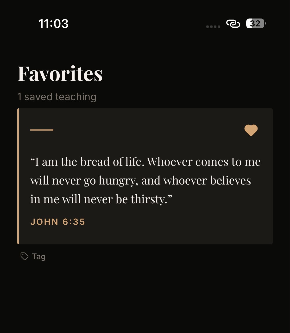 The personal library, showing saved verses organised under tags written by the reader.